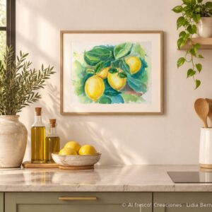 Acuarela original de limones de Murcia enmarcada en una cocina