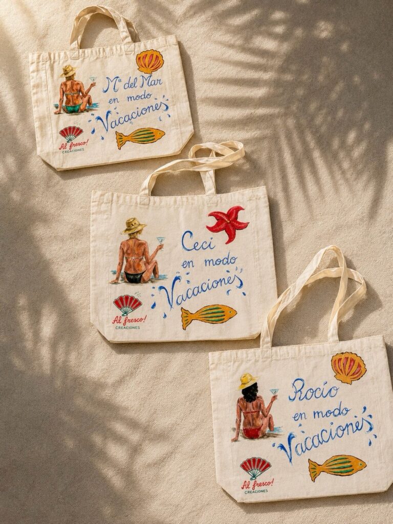 Bolsos pintados a mano «en modo vacaciones», Al fresco! Creaciones (Murcia)