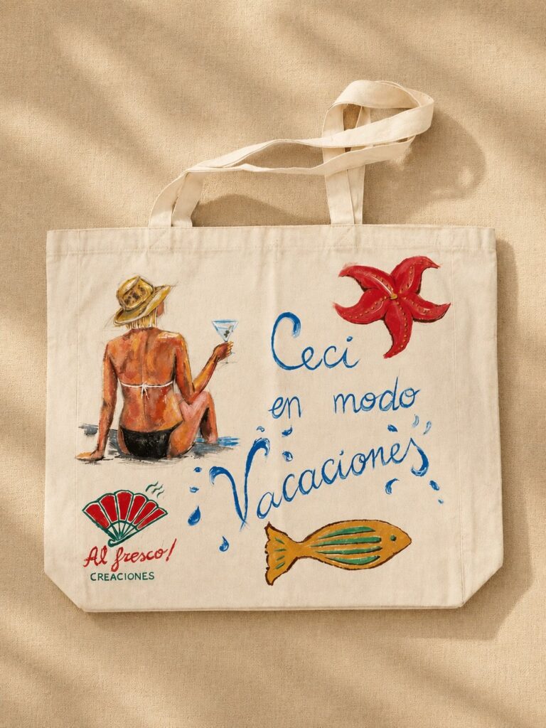 Bolsos “en modo vacaciones” – pintura textil a mano sobre bolsa de algodón (detalle 1), Al fresco! Creaciones (Murcia)