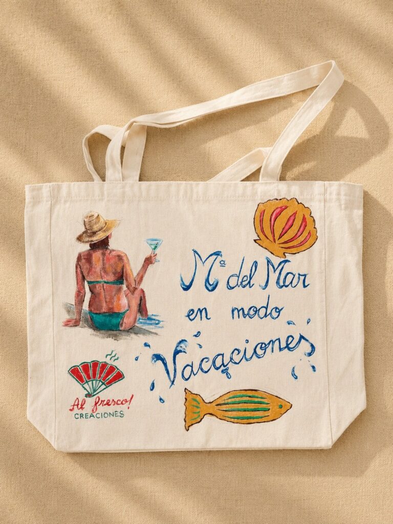 Bolsos “en modo vacaciones” – pintura textil a mano sobre bolsa de algodón (detalle 2), Al fresco! Creaciones (Murcia)