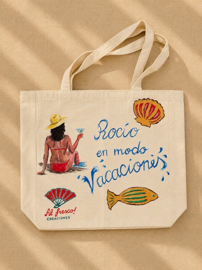 Bolsos “en modo vacaciones” – pintura textil a mano sobre bolsa de algodón (detalle 3), Al fresco! Creaciones (Murcia)