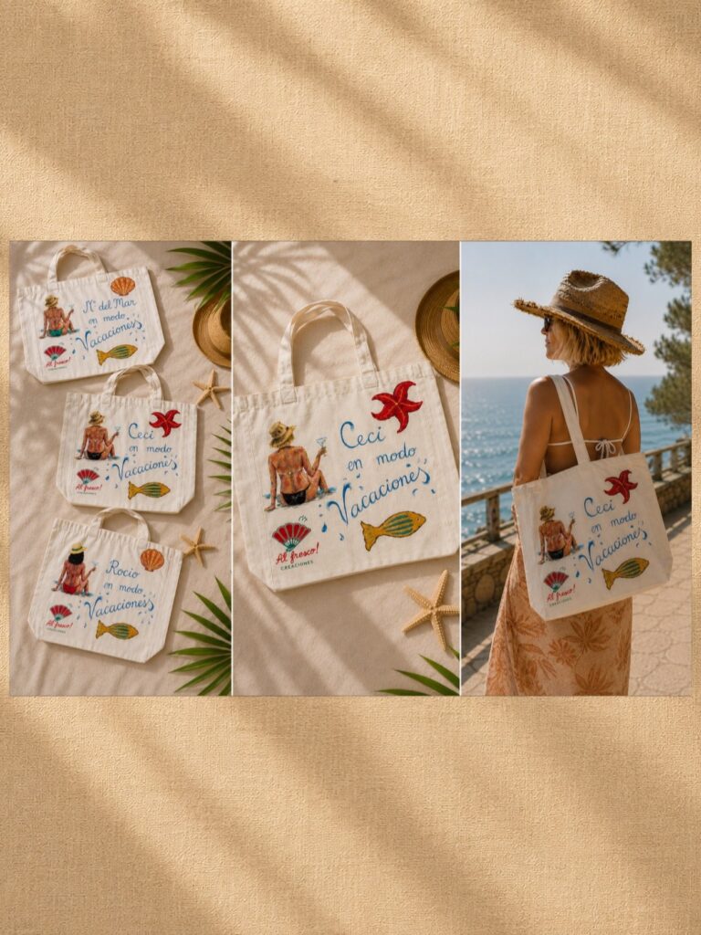 Bolsos “en modo vacaciones” – pintura textil a mano sobre bolsa de algodón (detalle 4), Al fresco! Creaciones (Murcia)