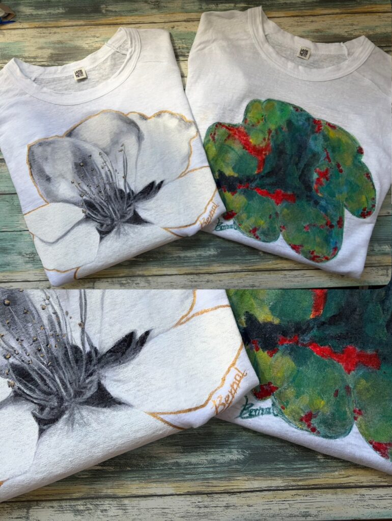 Dos camisetas, dos maneras de sentir el color – pintura textil a mano (detalle 3), Al fresco! Creaciones (Murcia)