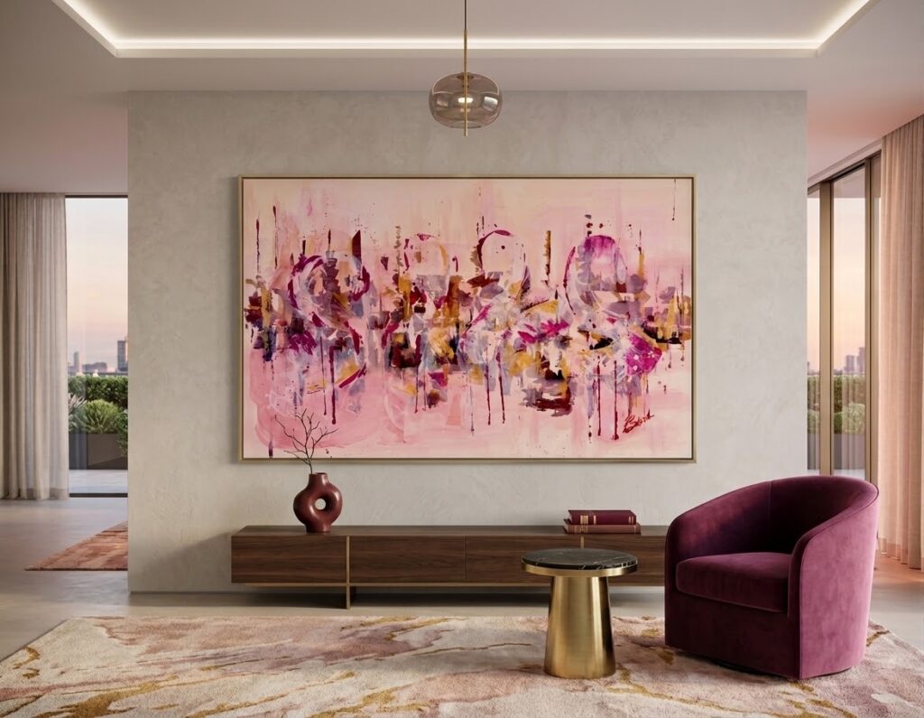 Pintura abstracta rosa de Lidia Bernal expuesta en un interior