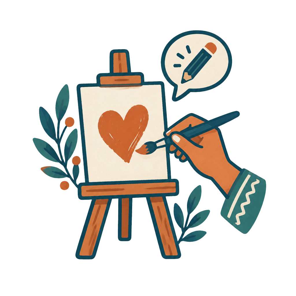 Ilustración de una mano pintando un corazón sobre un caballete