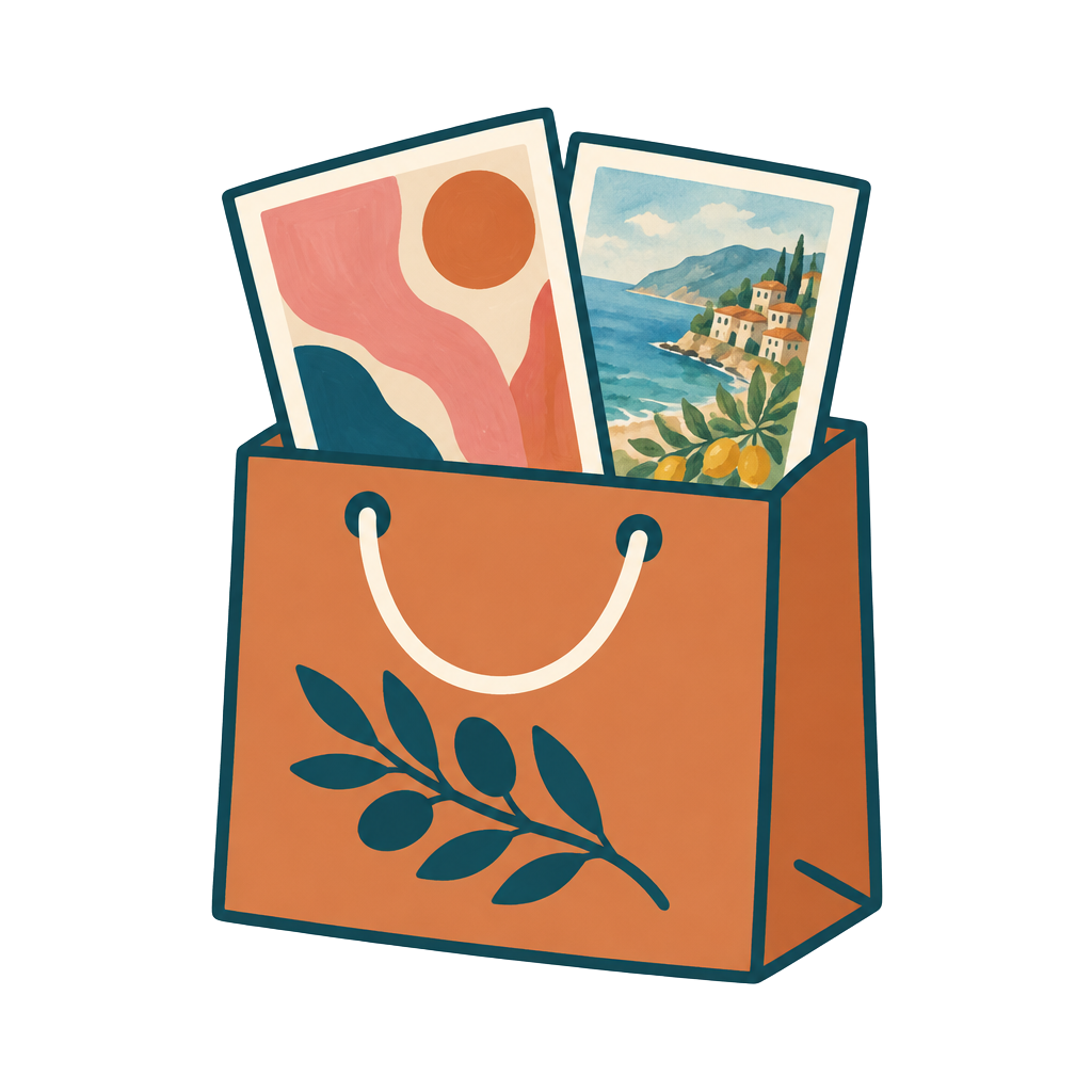 Ilustración de una bolsa con prints de arte