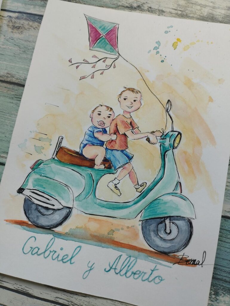 Dos hermanos y una vespa – ilustración infantil personalizada, Al fresco! Creaciones (Murcia)