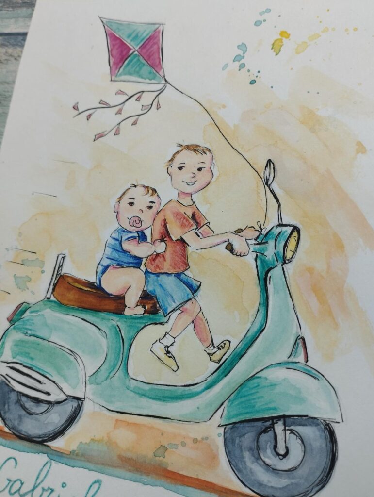 Dos hermanos y una vespa – ilustración infantil personalizada (detalle 1), Al fresco! Creaciones (Murcia)