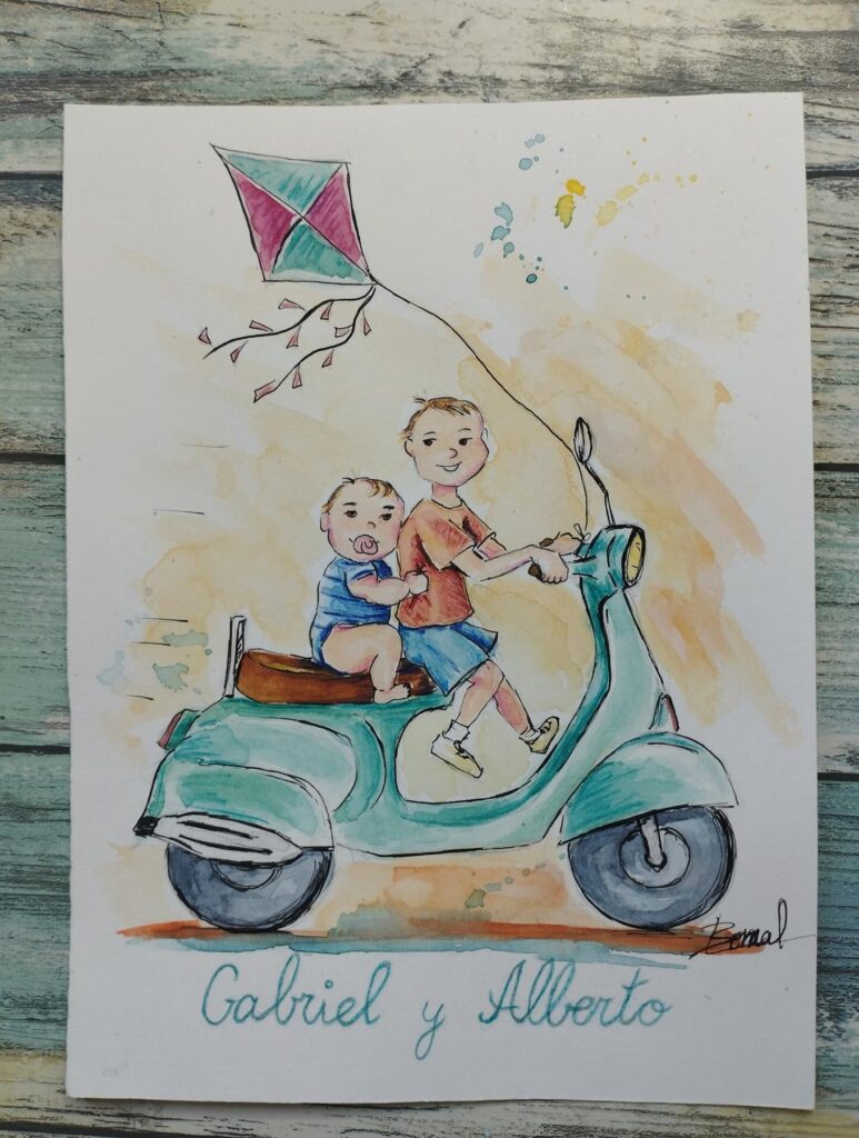Dos hermanos y una vespa – ilustración infantil personalizada (detalle 2), Al fresco! Creaciones (Murcia)