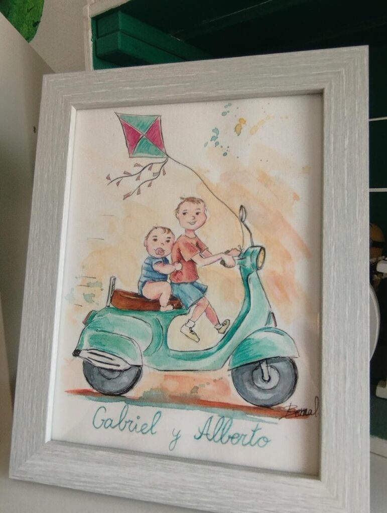 Dos hermanos y una vespa – ilustración infantil personalizada (detalle 3), Al fresco! Creaciones (Murcia)