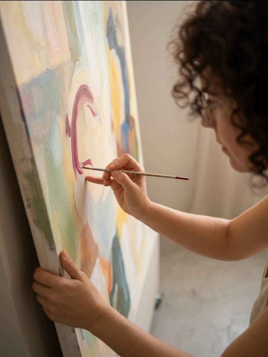 Lidia pintando con detalle un lienzo abstracto