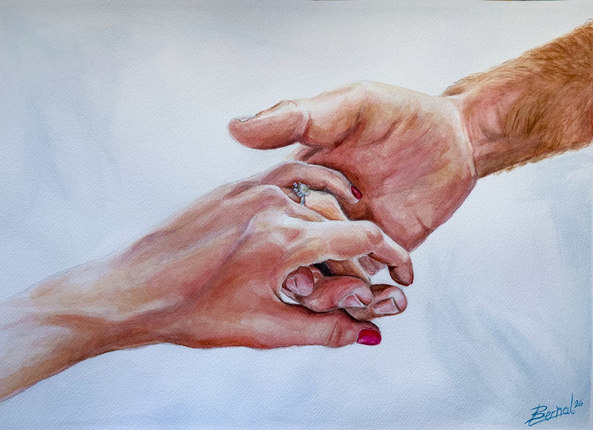 Acuarela de dos manos entrelazadas pintada por Lidia Bernal