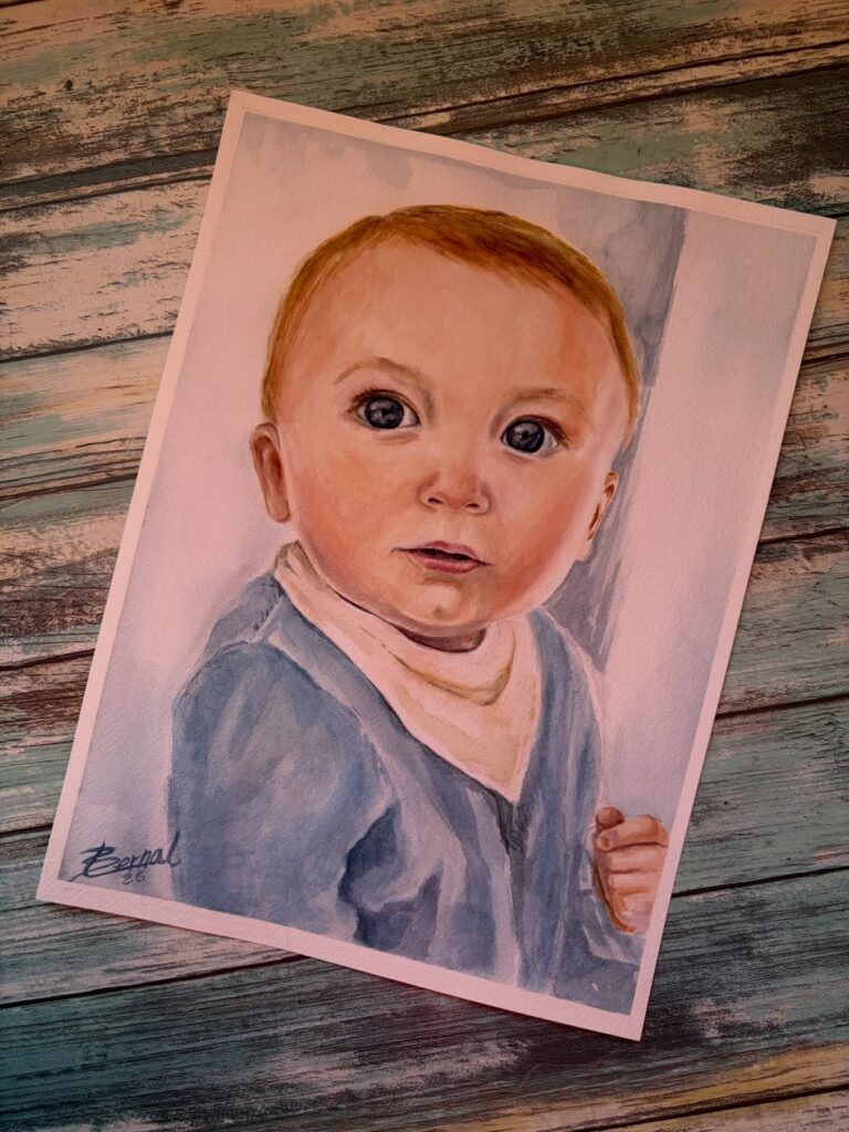 Retrato de bebé: regalo de bautizo – acuarela (detalle 1), Al fresco! Creaciones (Murcia)