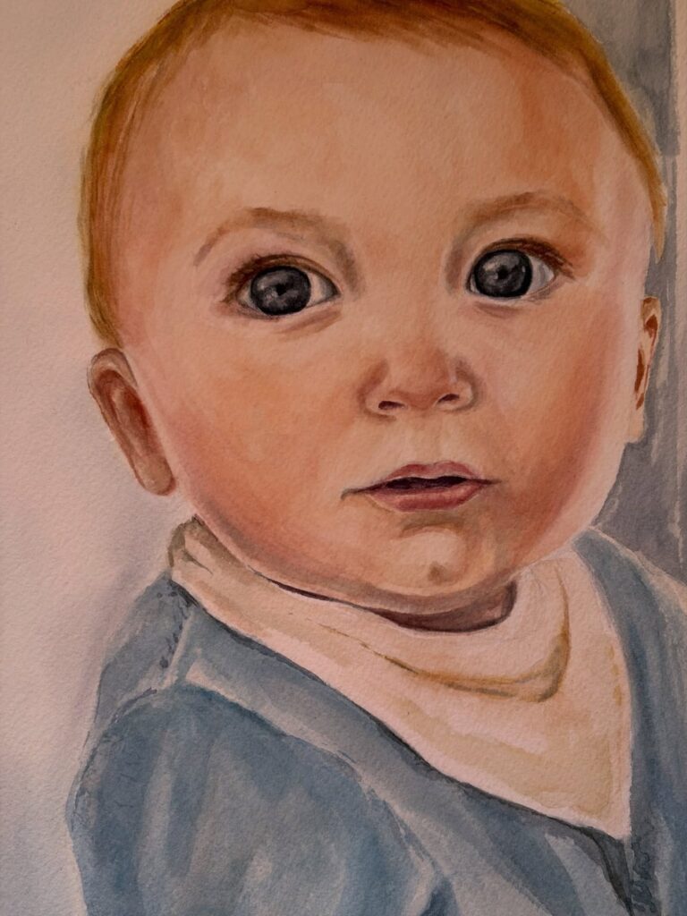 Retrato de bebé: regalo de bautizo – acuarela (detalle 2), Al fresco! Creaciones (Murcia)