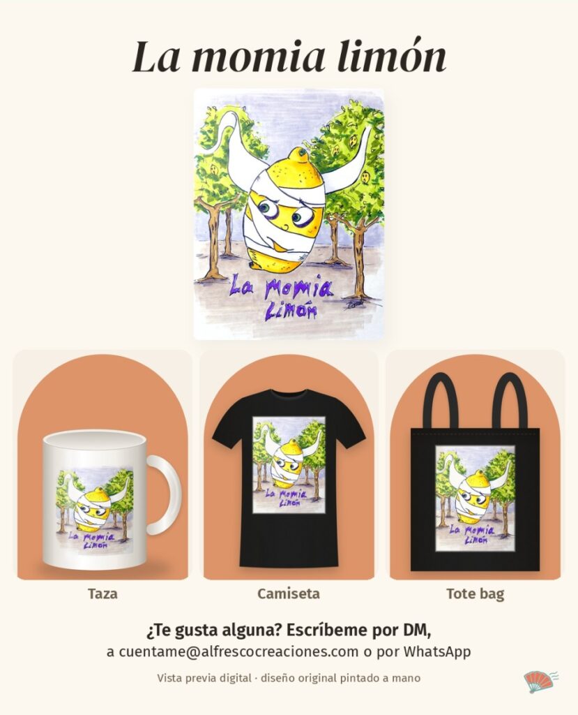 «La momia limón» en camiseta y taza – diseño ilustrado a mano (detalle 1), Al fresco! Creaciones (Murcia)