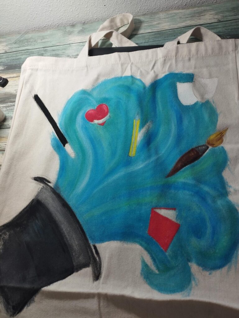 Tote bag para una maestra con magia – pintura textil sobre tote bag (detalle 2), Al fresco! Creaciones (Murcia)